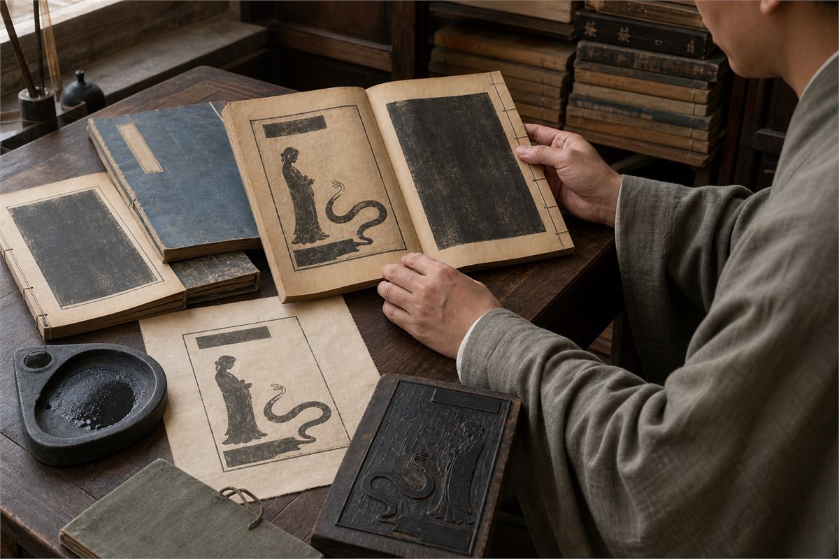 Hands comparing thread-bound books, a woodblock illustration sheet, inkstone, and printing block on a wooden desk