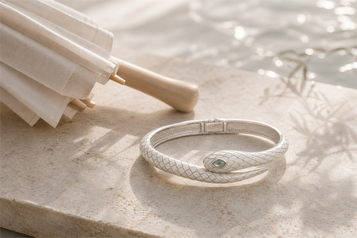 White-enamel serpent bracelet beside a pale umbrella handle and soft water reflections