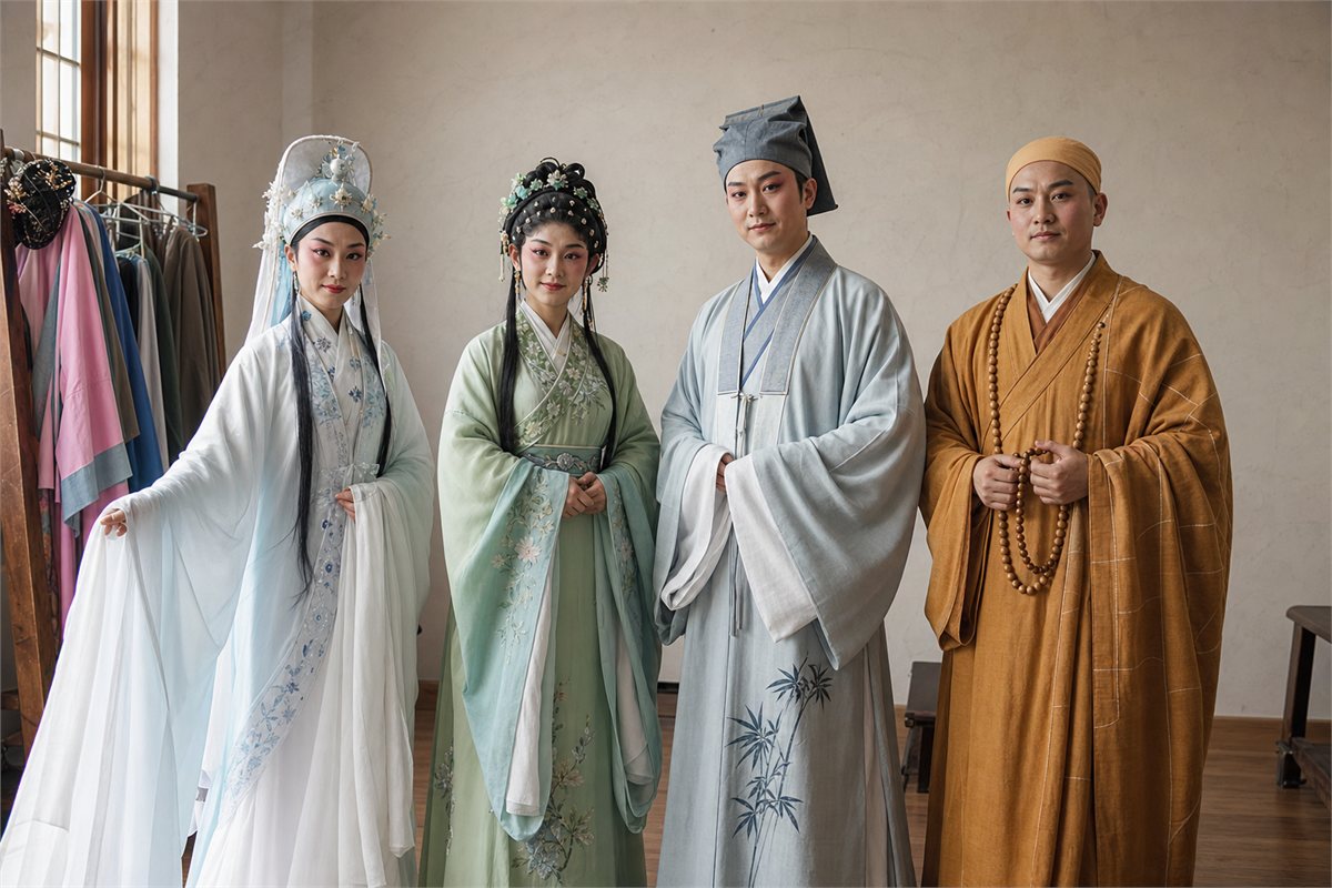 Four anonymous opera performers in white, green, scholar, and monk roles standing in a rehearsal studio
