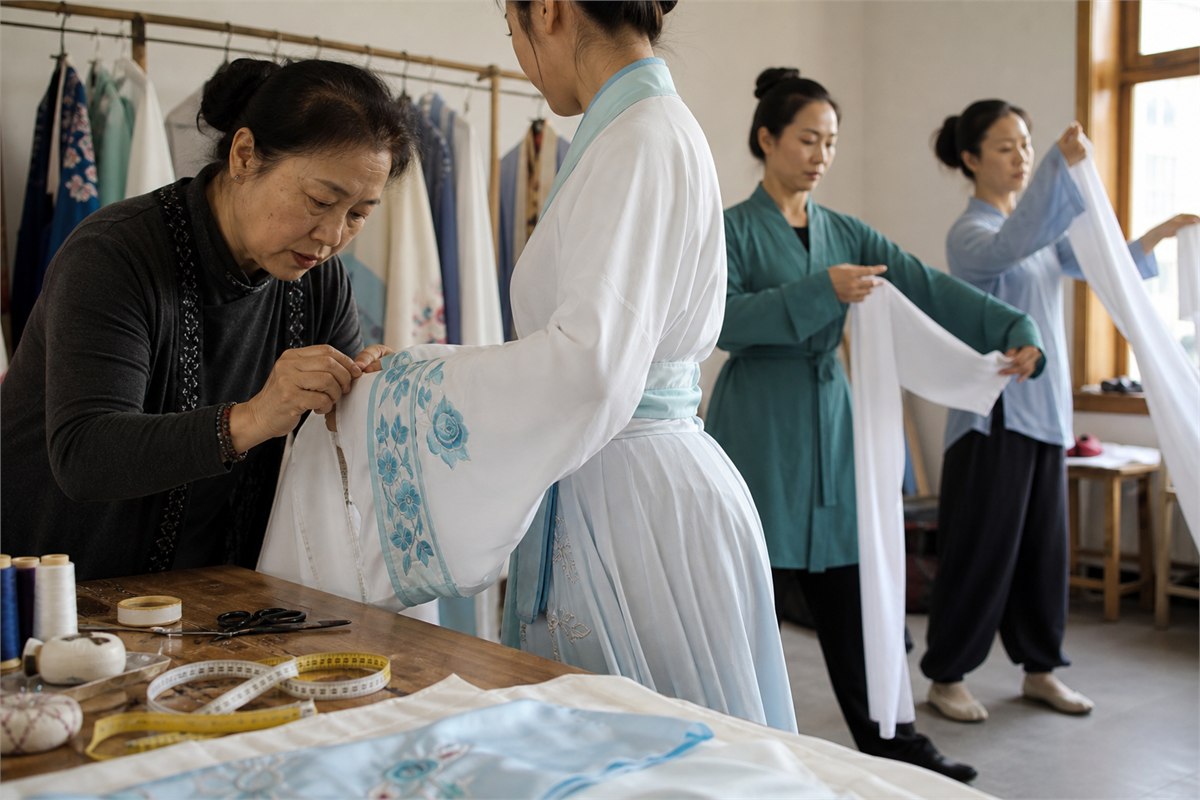 Older costume teacher guiding a younger performer while other adults rehearse opera sleeve movements in a cultural center
