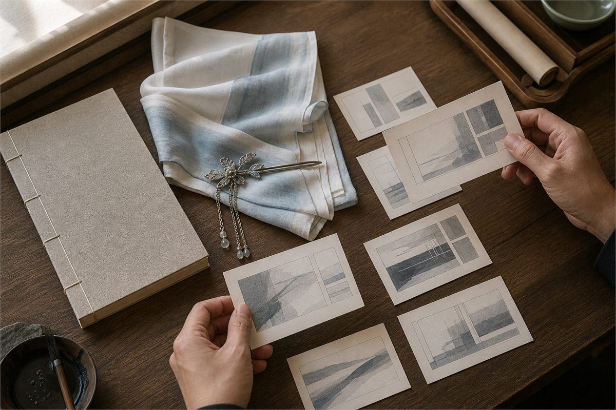 Thread-bound book, embroidered opera sleeve, and blank modern storyboard materials arranged on an archive table