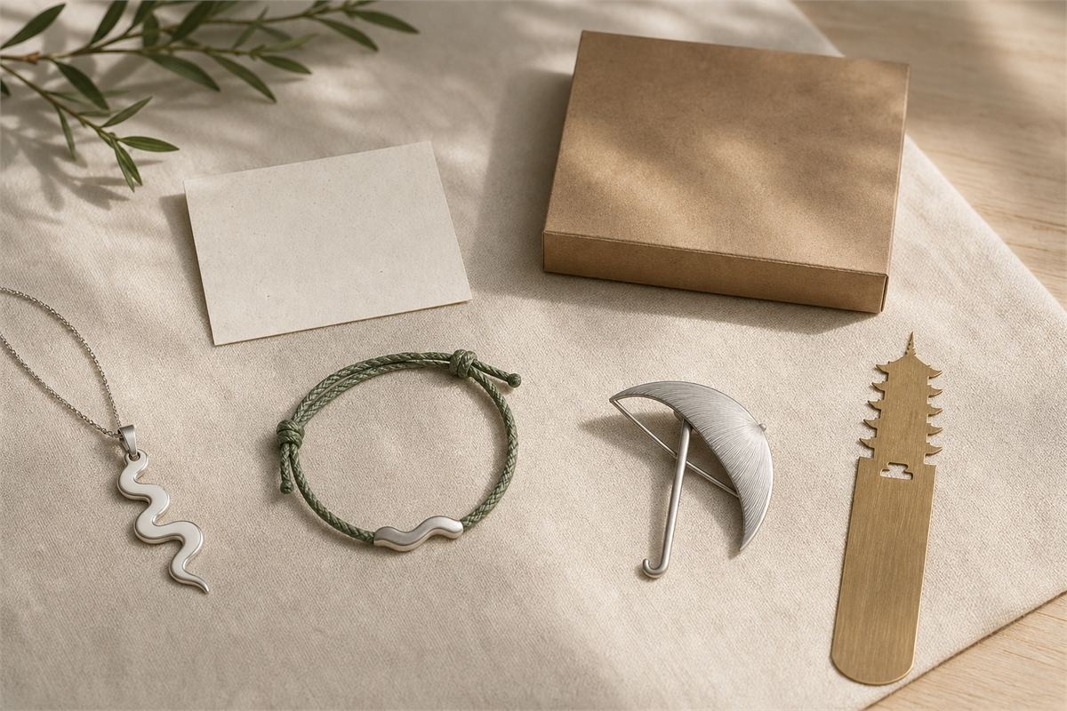 Silver and white enamel snake pendant, green cord bracelet, umbrella brooch, and pagoda bookmark on cream linen