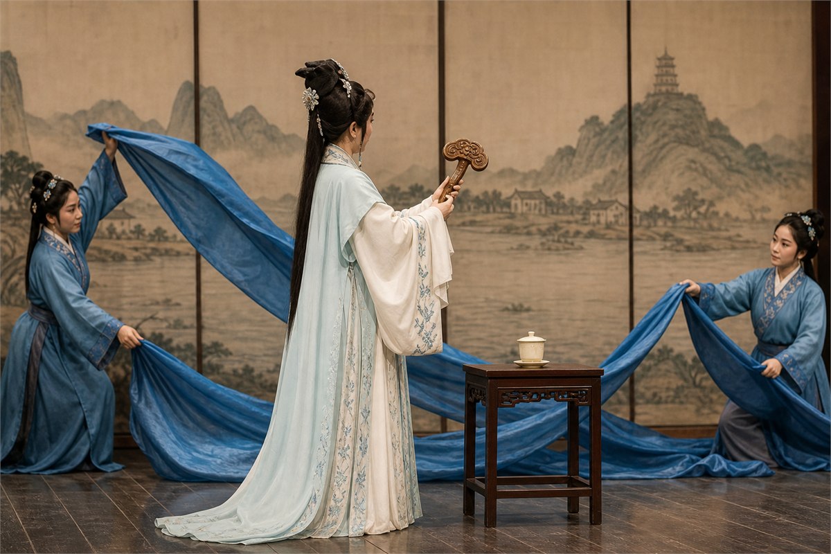 Opera performer holding a carved lingzhi prop beside a covered cup while ensemble performers create waves with blue silk