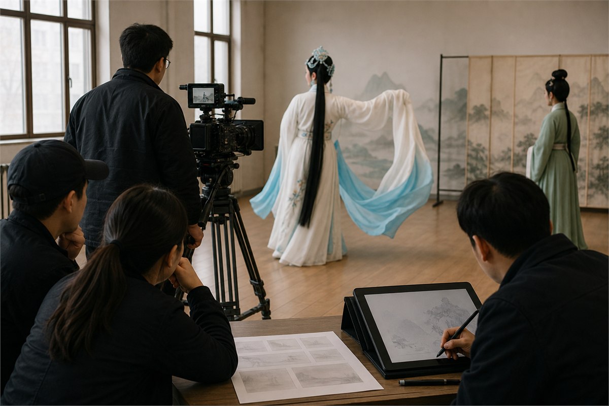Opera performer rehearsing a sleeve movement while a camera crew and artist work with blank storyboard sheets