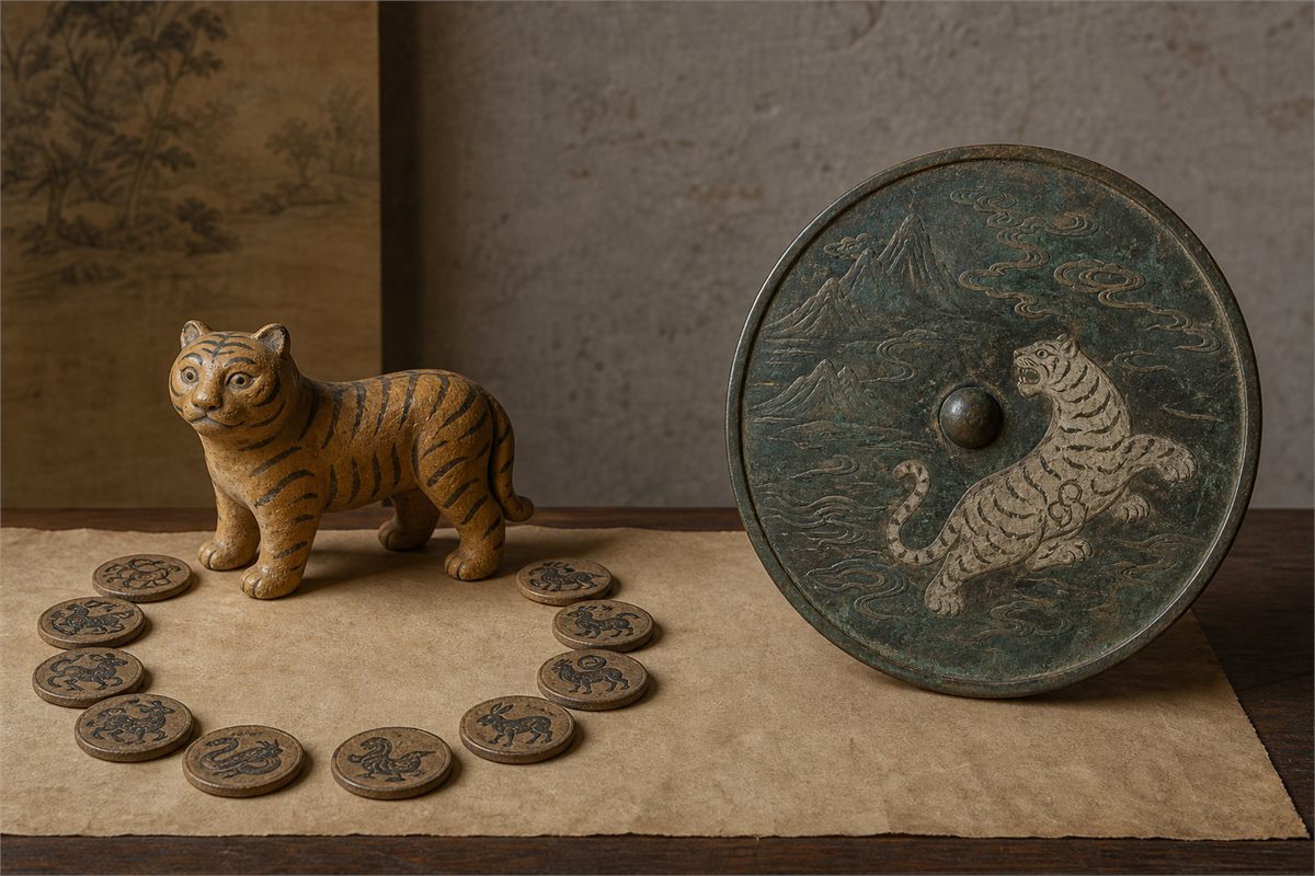 Ceramic zodiac tiger displayed separately from a bronze mirror with a pale tiger motif