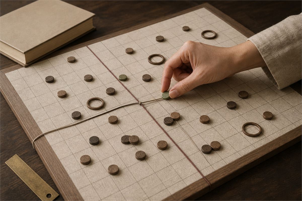 Researcher placing one green counter among many counters and intersecting cords on a large grid board