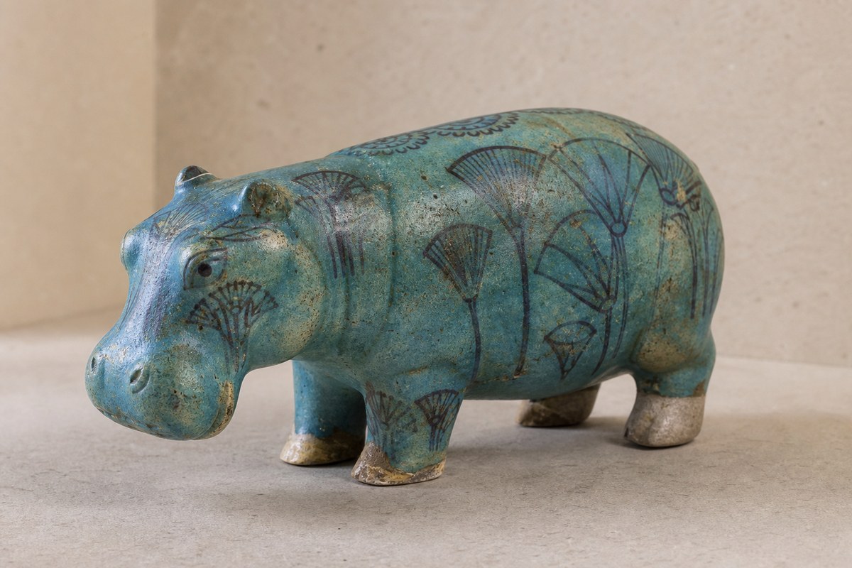 Blue-green Egyptian faience hippopotamus with painted aquatic plants in a museum-style view