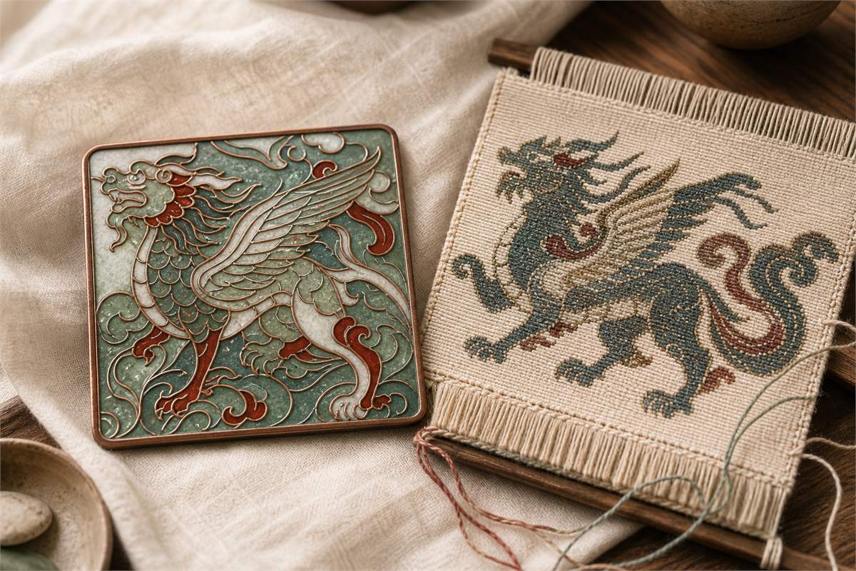 Contemporary cloisonne enamel and woven silk samples with different winged-beast motifs