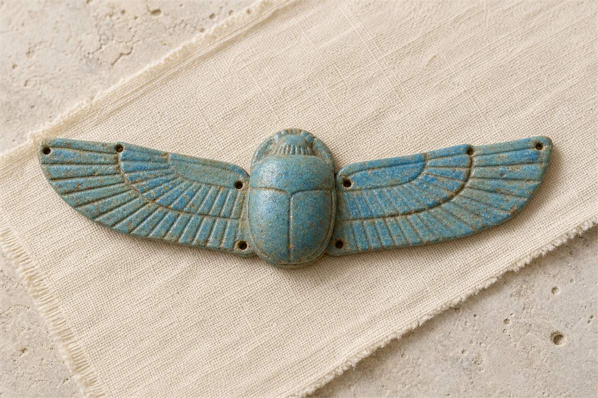 Blue faience scarab with one pair of outstretched pierced wings on ivory linen.