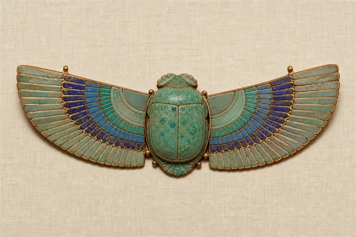 Blue-green scarab with outspread inlaid wings mounted on neutral linen