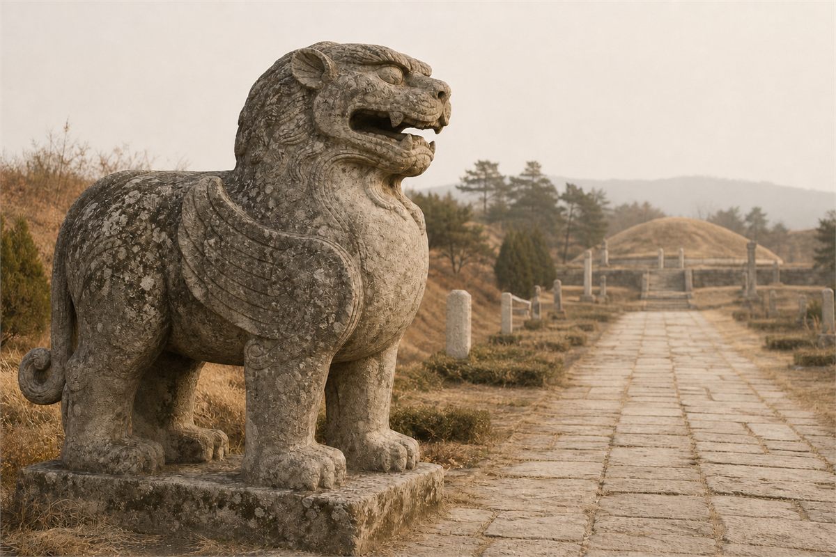 Weathered monumental winged stone beast beside an early imperial ceremonial spirit road