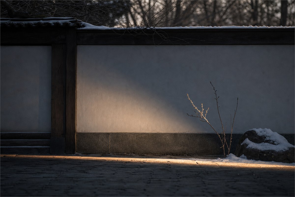 Quiet winter courtyard with a single returning sunbeam crossing stone and bare branches