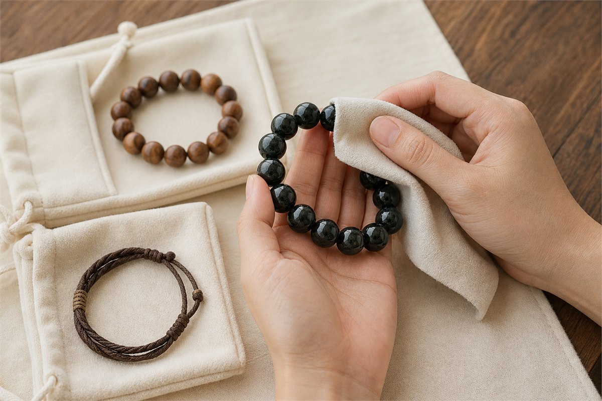 Hands wiping a dark stone bracelet while wood and braided cord bracelets rest in separate pouches