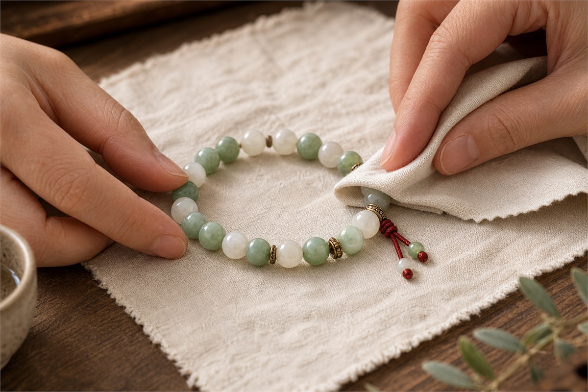 Two hands gently wiping green and white bracelet beads and brass spacers with a dry cloth while the bracelet lies supported