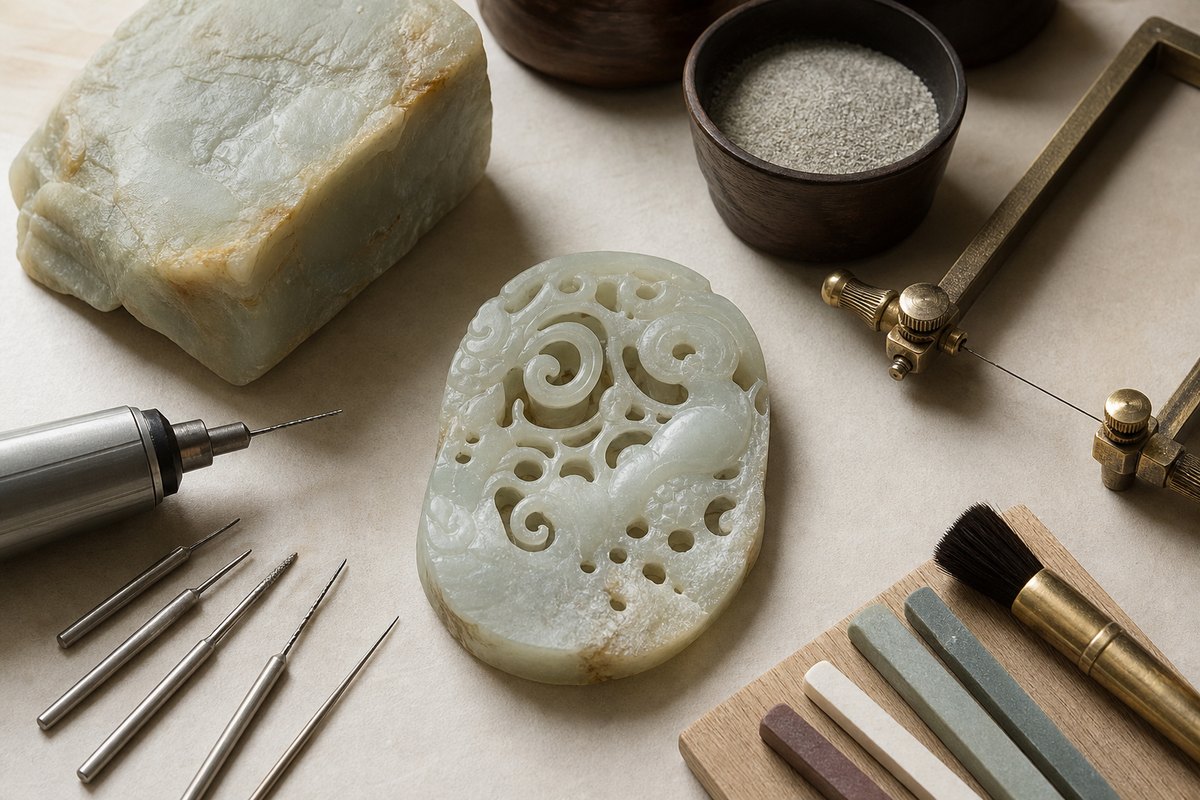 Openwork jade carving (镂空玉雕) tools for drilling, wire-saw openwork, grinding, and polishing