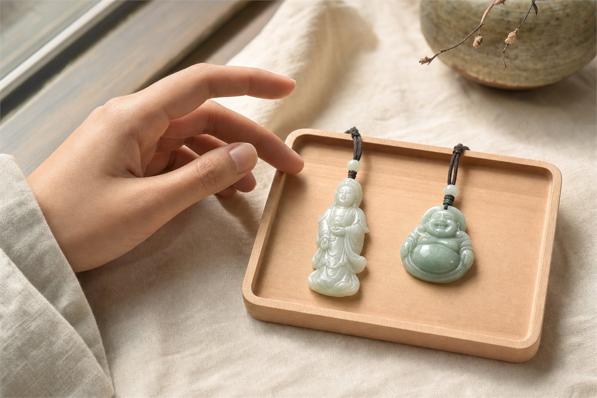 Adult hand choosing between Guanyin and smiling Budai jade pendants in a jewelry tray