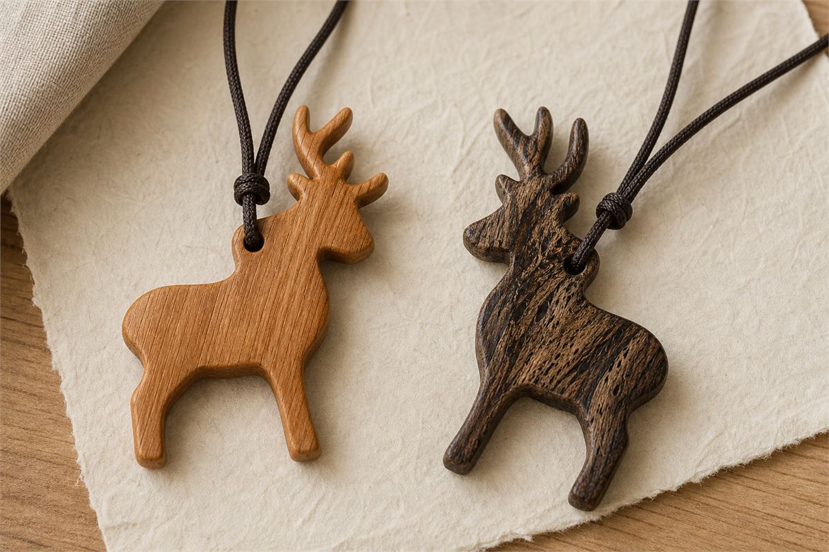Light hardwood deer pendant and darker resin-streaked wood deer pendant on dark cords