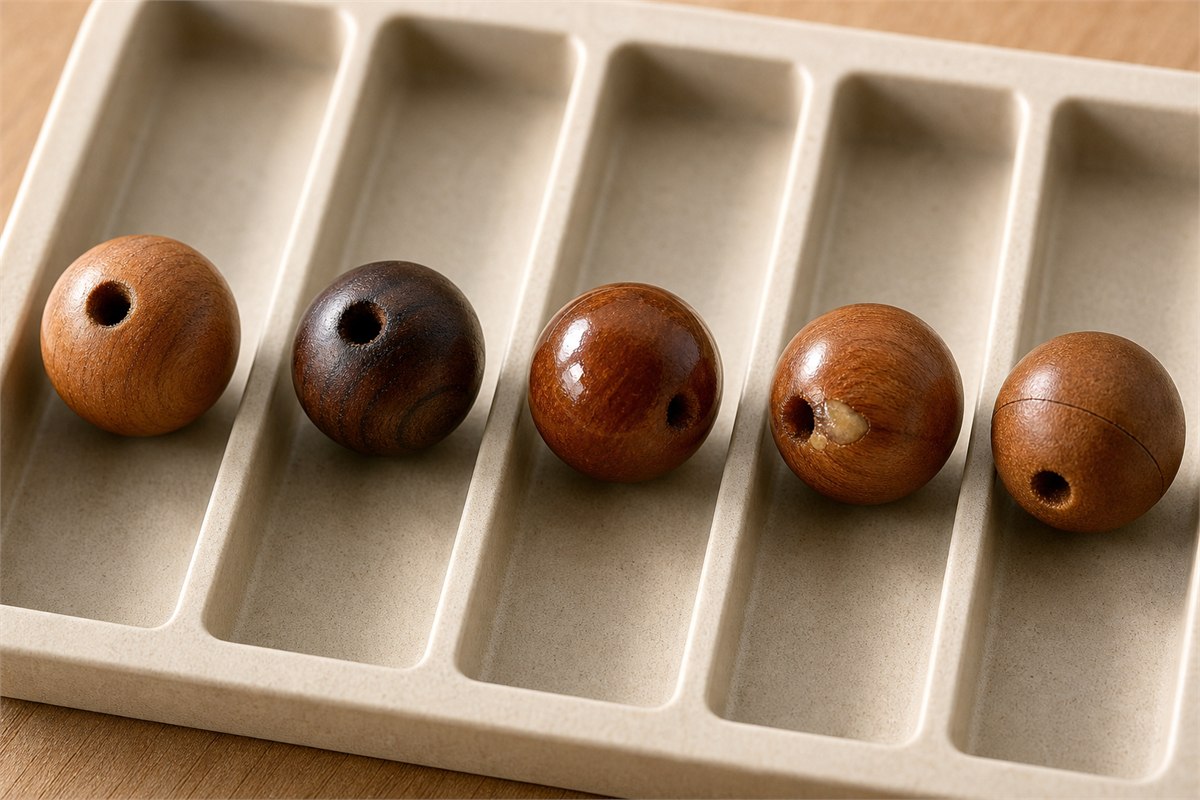 Five separate wooden beads showing natural finish, dark dye, glossy coating, fill, and a seam