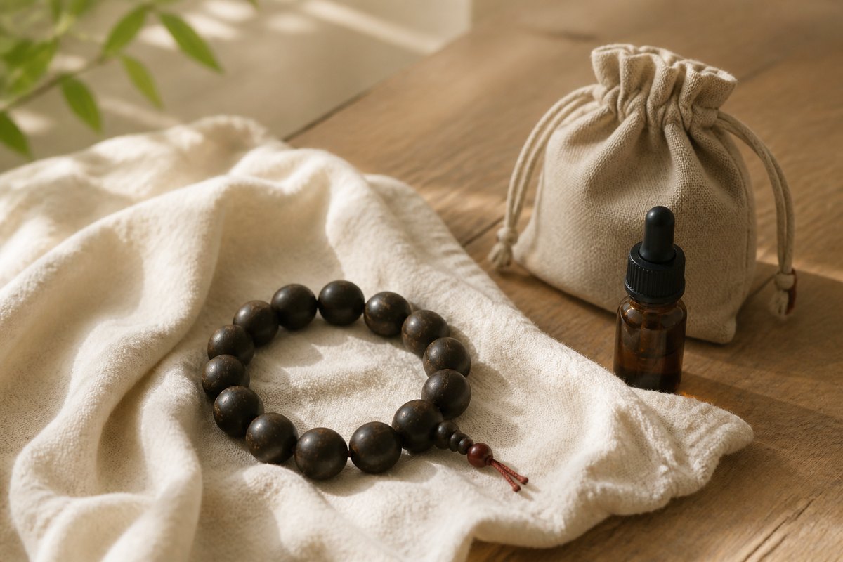 Thunderstruck wood bracelet beside a soft cotton cloth, neutral storage pouch, and tiny dropper bottle