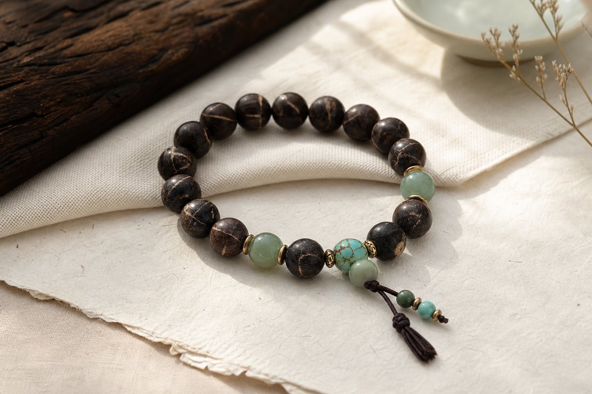 Dark wood bracelet paired with muted jade green beads and turquoise accents on warm ivory fabric