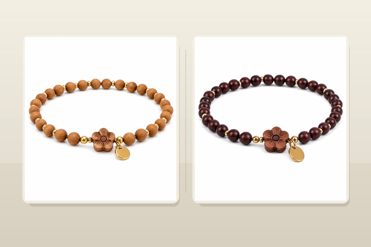 Light sandalwood bracelet and dark wood bracelet shown side by side for material comparison