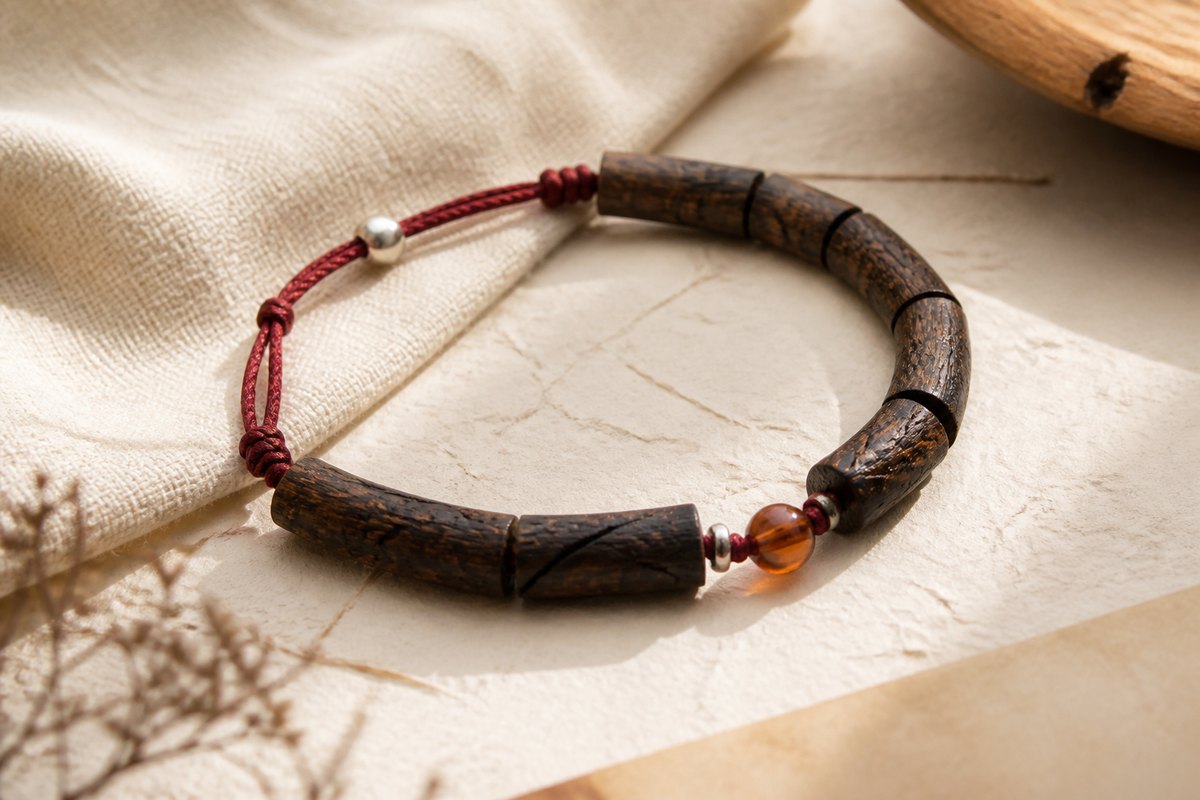 Thunderstruck wood bracelet styled with a slim red cord, soft silver accent, and amber-toned bead