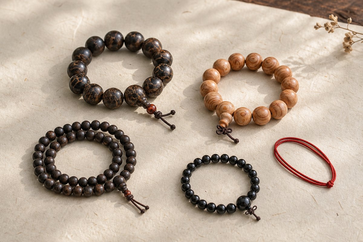 Thunderstruck wood bracelet arranged with peach wood, zitan-style dark wood, black stone, and red cord objects