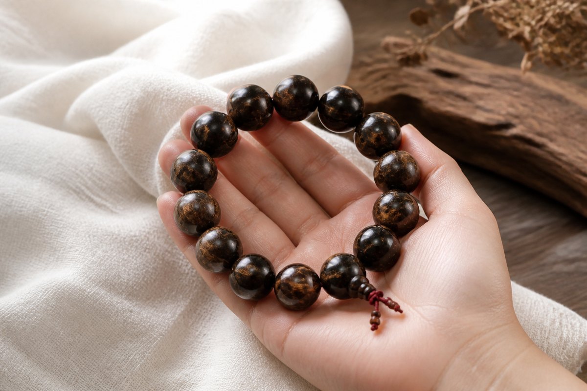 Polished thunderstruck wood bracelet beads held near soft linen with warm patina and gentle shine