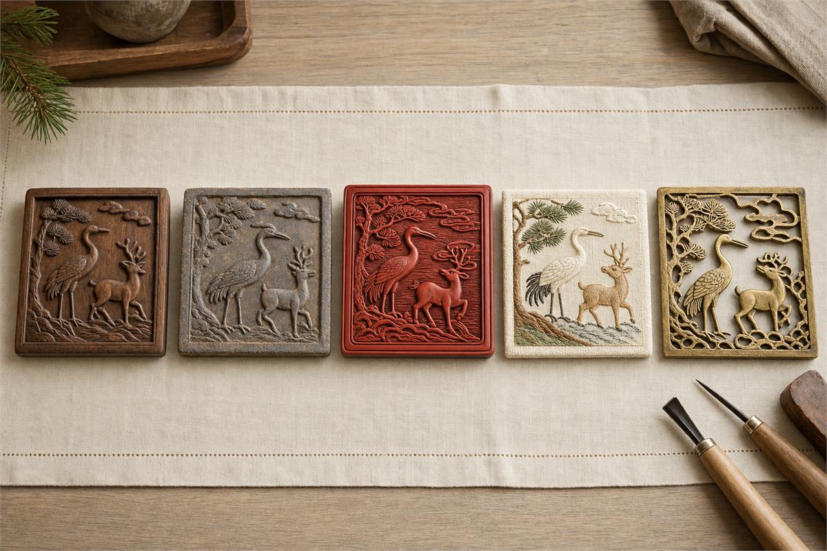 Wood, brick, carved lacquer, silk embroidery, and pierced brass samples with crane-deer designs
