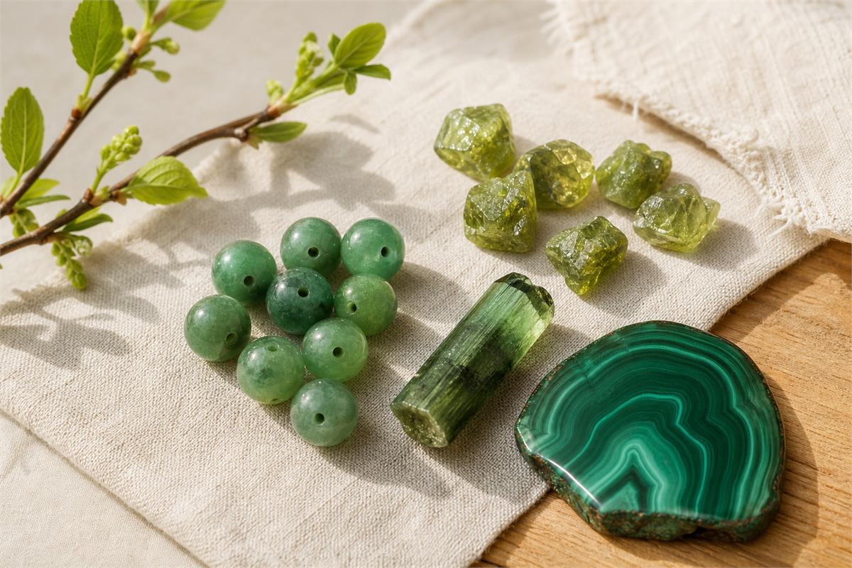 Green aventurine beads, peridot crystals, green tourmaline, and banded malachite beside a spring twig