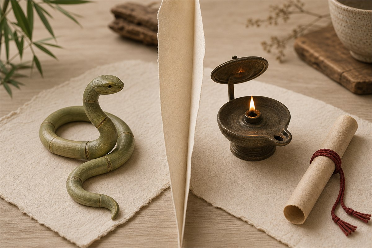 Green bamboo snake ornament and covered oil lamp separated by folded ivory paper