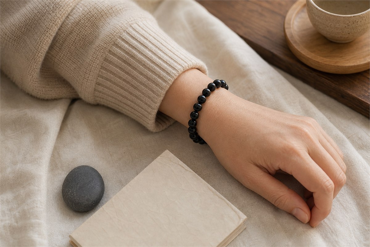 Black obsidian bead bracelet worn on a relaxed wrist beside linen and handmade paper