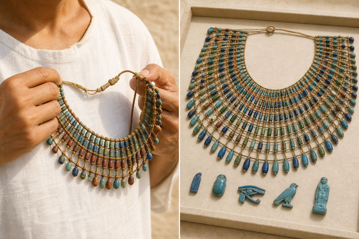 Person holding a flexible worn bead collar beside a flat funerary collar and blue faience amulets on a tray