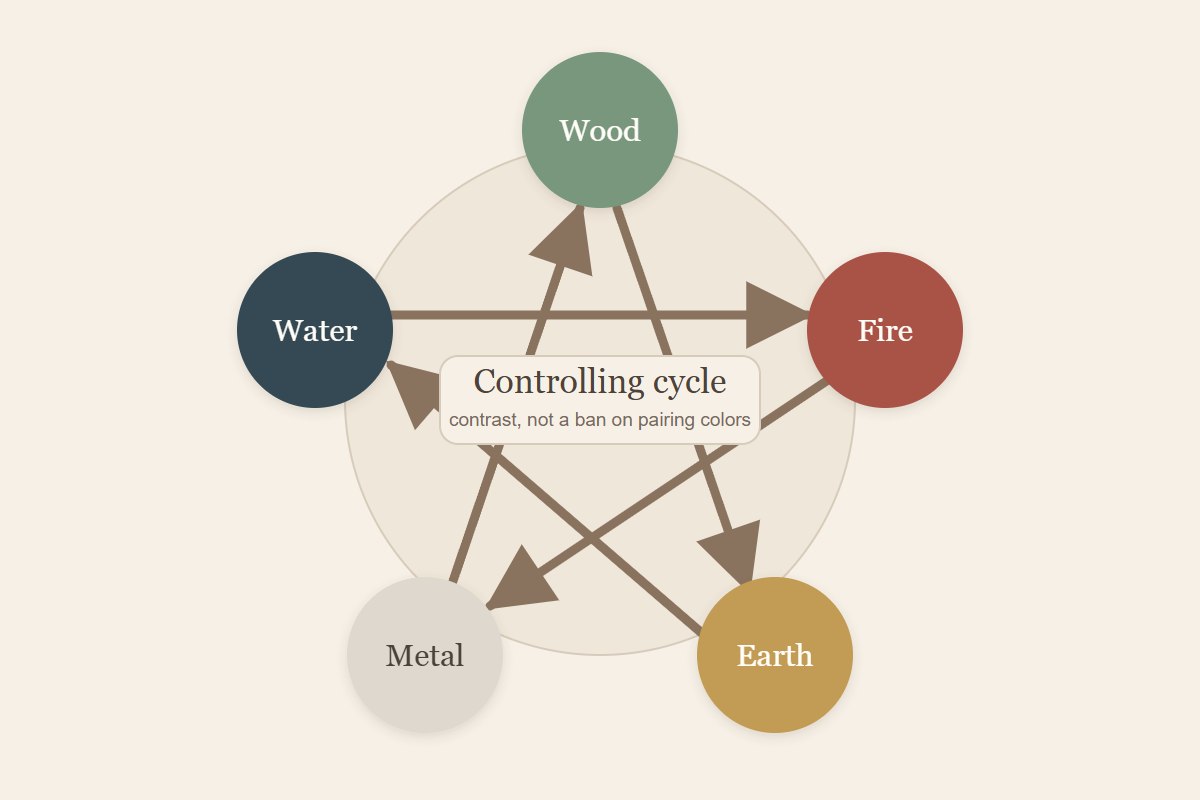 Diagram showing Wood to Earth to Water to Fire to Metal and back to Wood