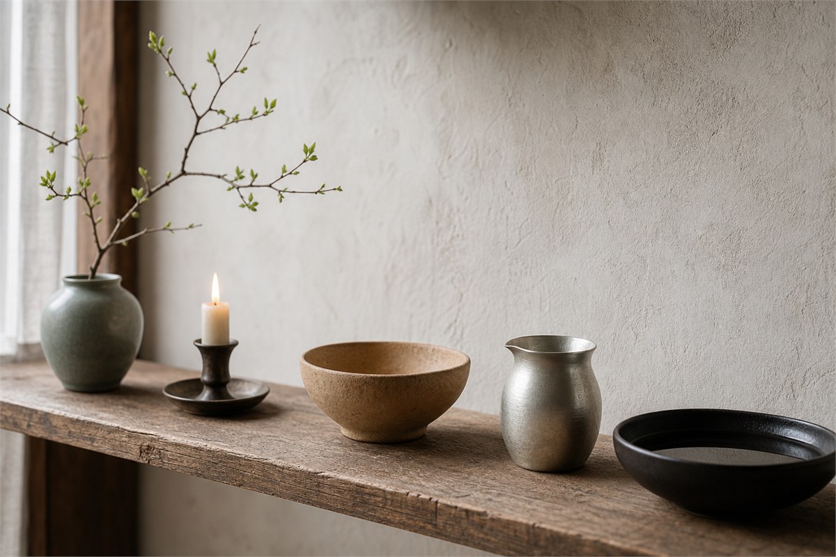 A budding branch, small candle, earthen bowl, pale metal vessel, and dark water dish arranged as changing seasonal processes