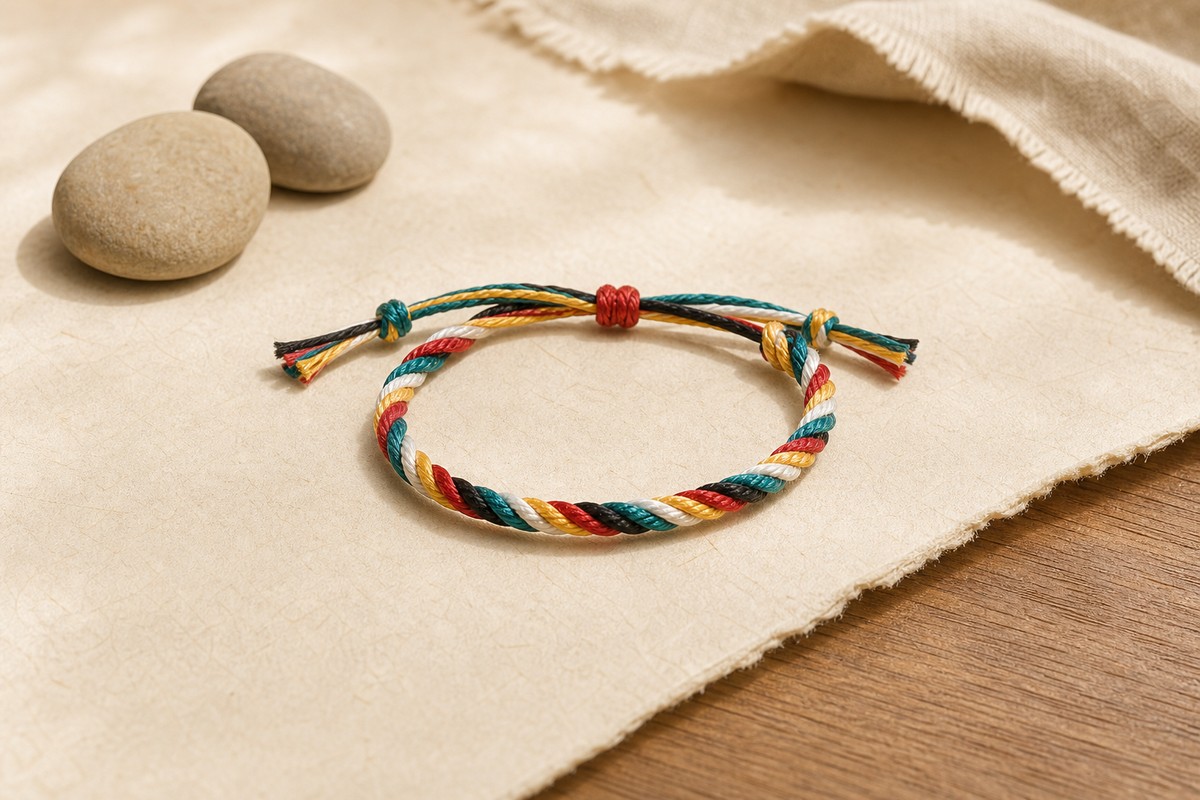 Five color cord bracelet beside parchment and natural stones in soft daylight