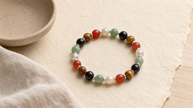 Five Elements bracelet with green, red, ochre, white, and black beads on warm ivory paper