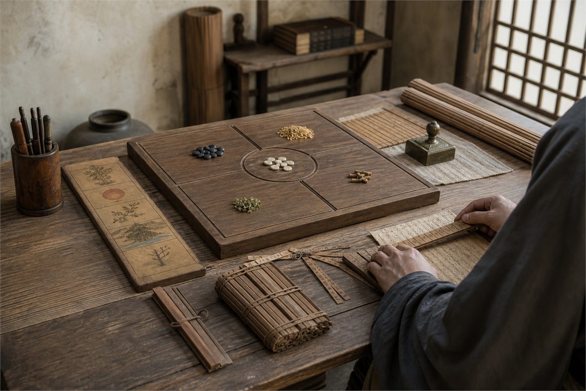 Scholar-official study table with a five-zone wooden board, bamboo slips, seasonal strip, and bronze seal weight