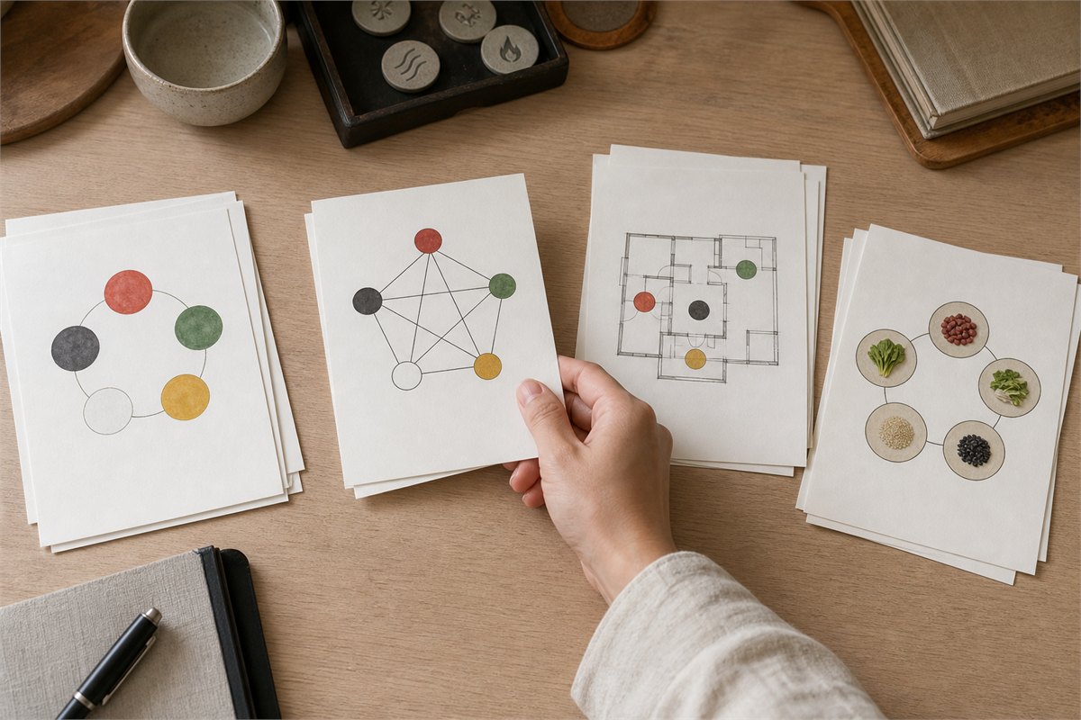 Editor sorting separate five-color, personality, floor-plan, and food charts on a pale wood desk