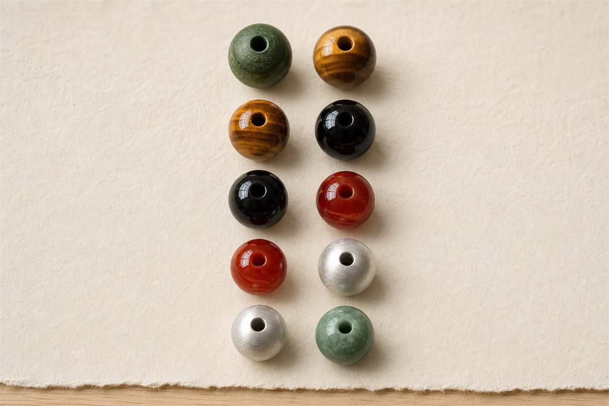 Five pairs of green, ochre, black, red, and silver beads arranged as material contrasts