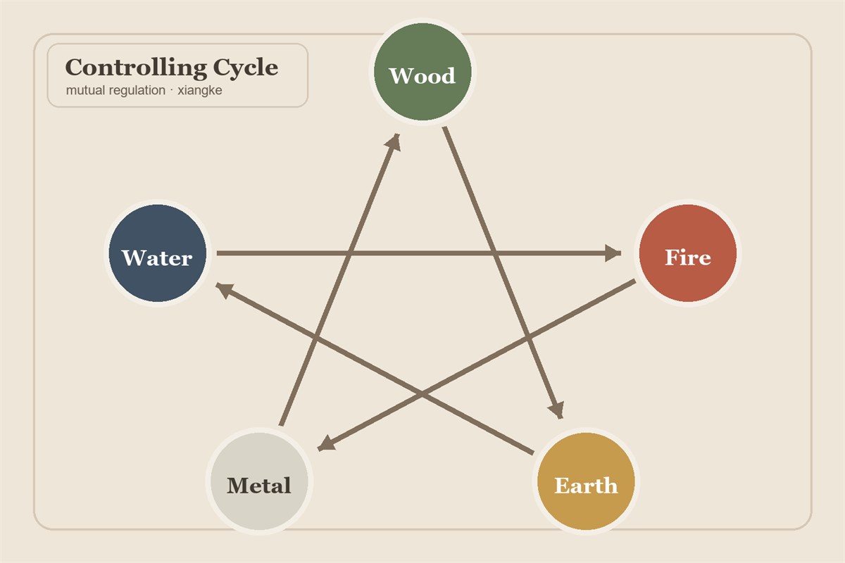 Controlling cycle diagram: Wood controls Earth, Earth controls Water, Water controls Fire, Fire controls Metal, and Metal controls Wood