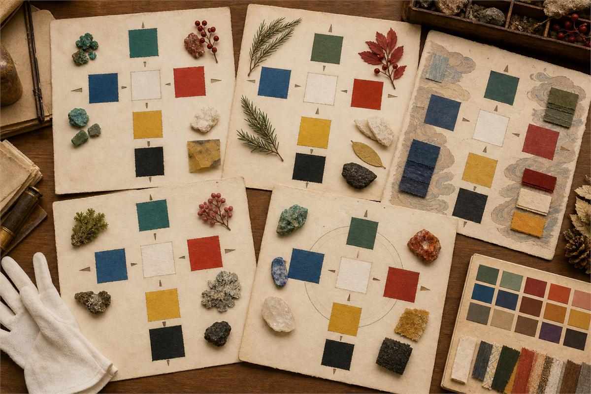 Several different five-color study boards with seasonal and material samples on an archive table