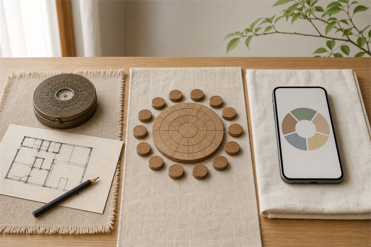 Compass and floor plan, wooden calendrical tokens, and a phone with a generic five-part chart