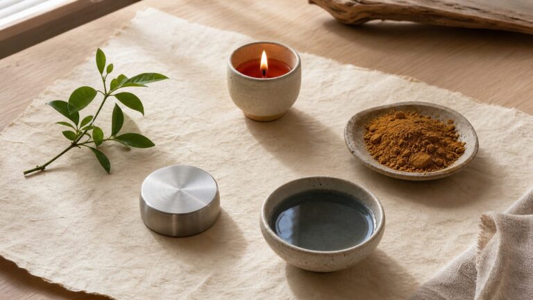 Five material groups representing wood, fire, earth, metal, and water on warm handmade paper