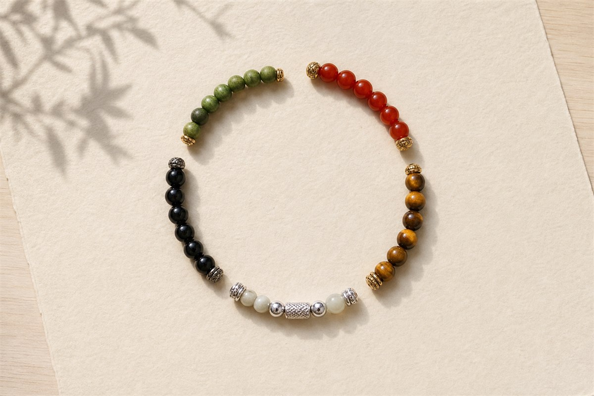 Five curved bead segments in green, red, ochre, white metal, and black arranged as an open circle