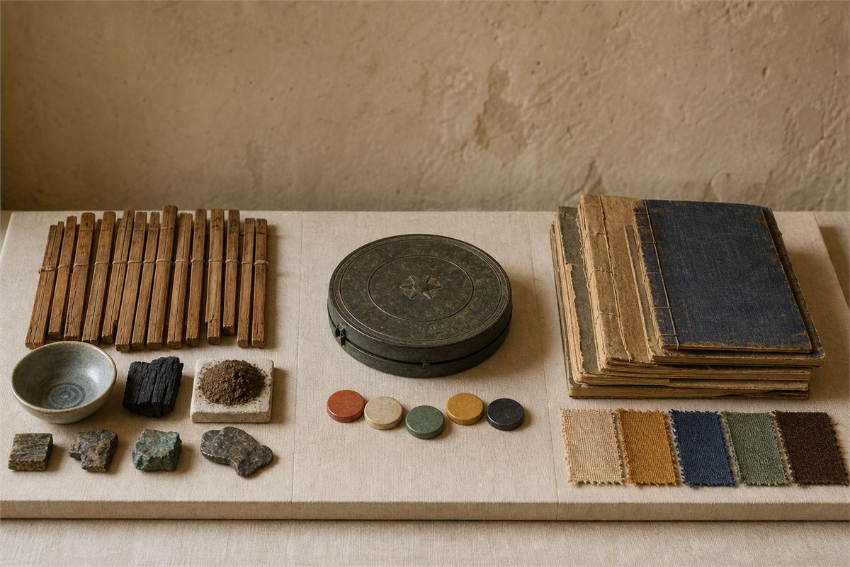 Bamboo slips and material samples, a bronze calendrical disk with five tokens, and later bound commentaries
