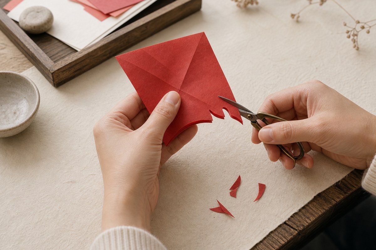Hands folding and cutting red paper with small scissors on an ivory craft surface