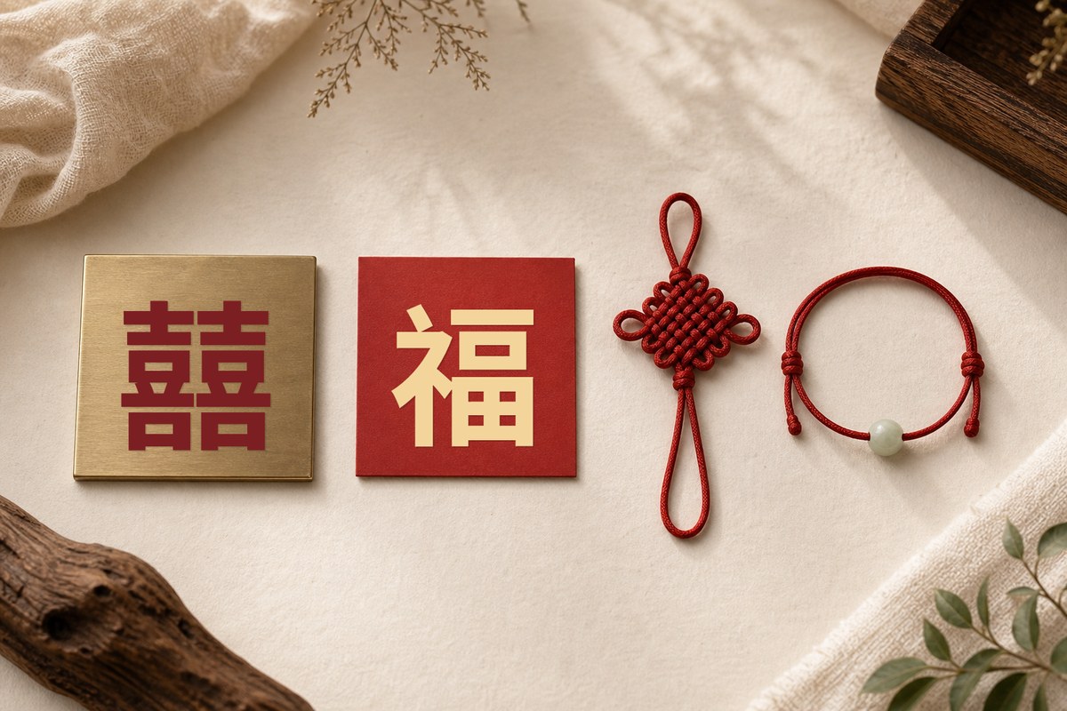 Double Happiness character Xi, blessing character Fu, a Chinese knot, and a red string bracelet arranged as four separate objects