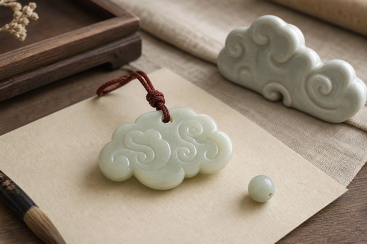 Pale jade Xiangyun cloud pendant with ceramic cloud object on handmade paper