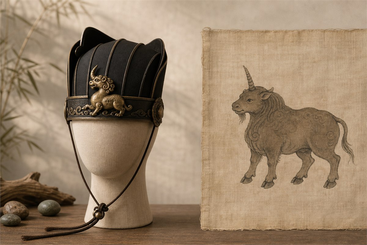 Dark official crown with one-horn Xiezhi ornament beside a cloven-hoofed justice-beast motif
